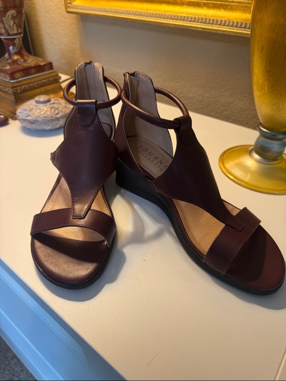 Journee Collection Women's Burgundy T-Strap Wedge Sandals
